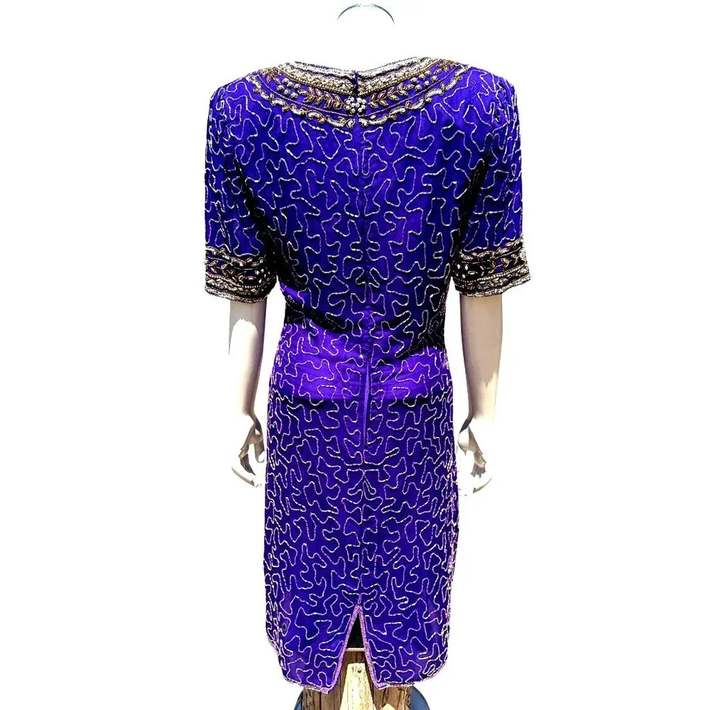 All Silk Vintage Dress by Lawrence Kazar Med Purple Beaded Cocktail Dress Glam - Picture 5 of 12